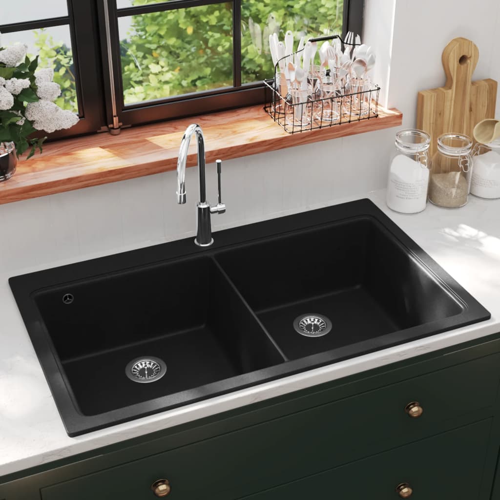 Overmount Kitchen Sink Double Basin Granite Black - Tyrell & Tyrell