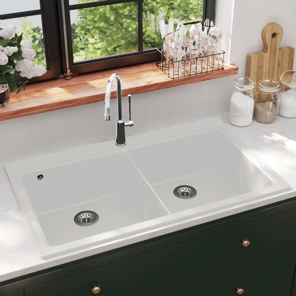 Overmount Kitchen Sink Double Basin Granite Cream White - Tyrell & Tyrell