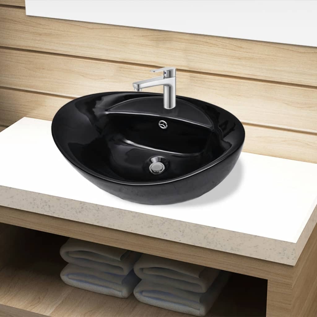 Ceramic Bathroom Sink Basin Faucet/Overflow Hole Black Oval - R and M Furniture