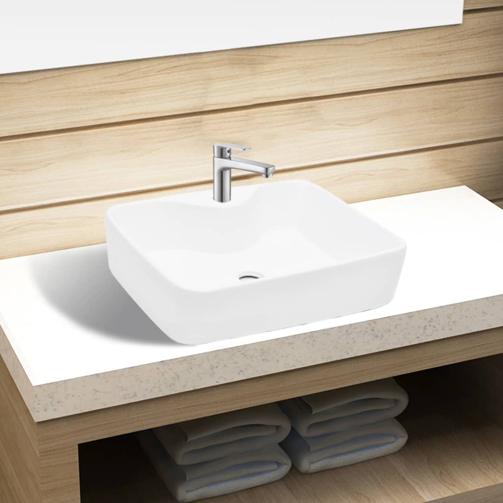 Ceramic Bathroom Sink Basin with Faucet Hole White Square - Casper Homes