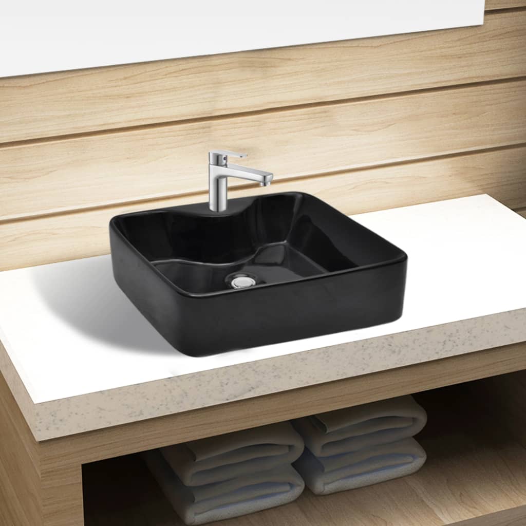 Ceramic Bathroom Sink Basin with Faucet Hole Black Square - Millennium Furniture