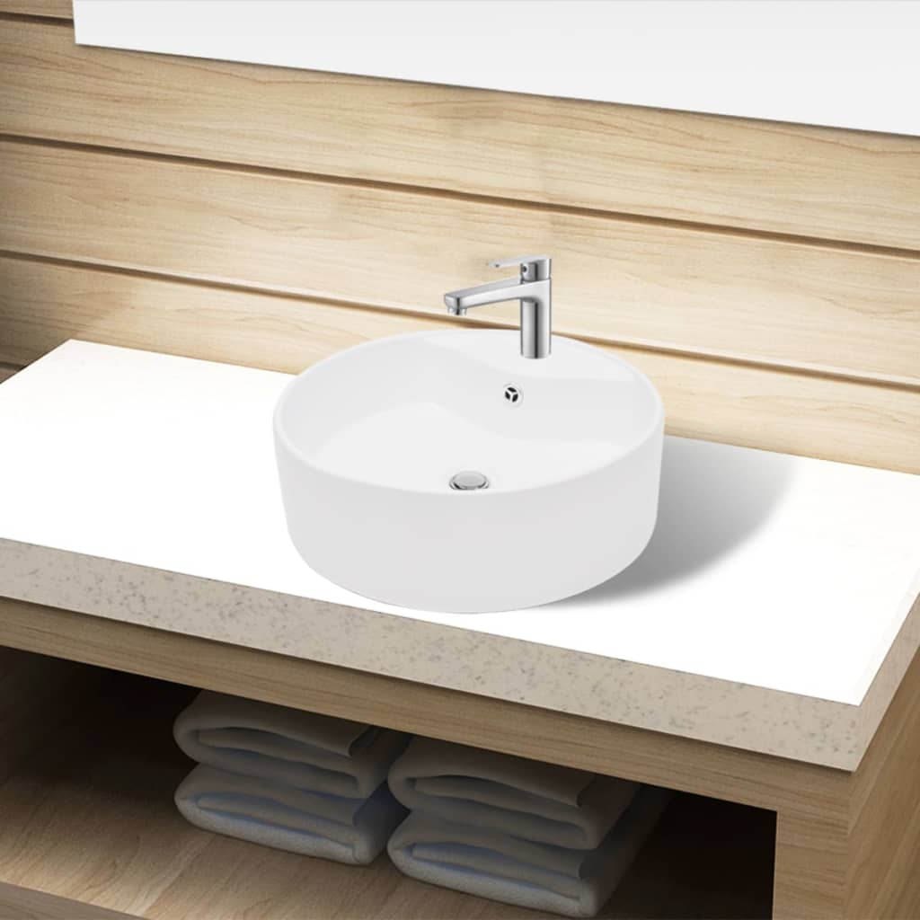 Ceramic Bathroom Sink Basin Faucet/Overflow Hole White Round - Decor Base