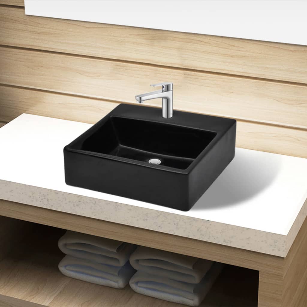 Ceramic Bathroom Sink Basin with Faucet Hole Black Square - Casper Homes
