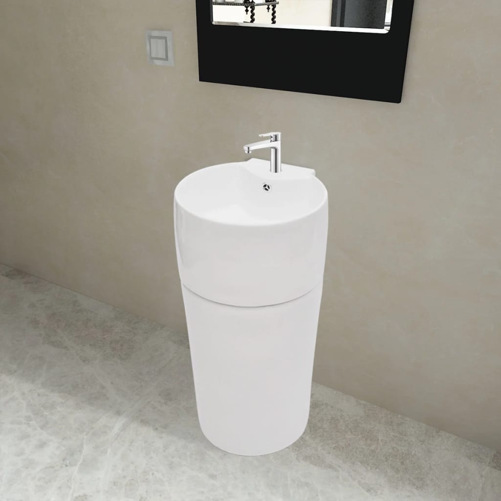 Ceramic Stand Bathroom Sink Basin Faucet/Overflow Hole White Round - Millennium Furniture