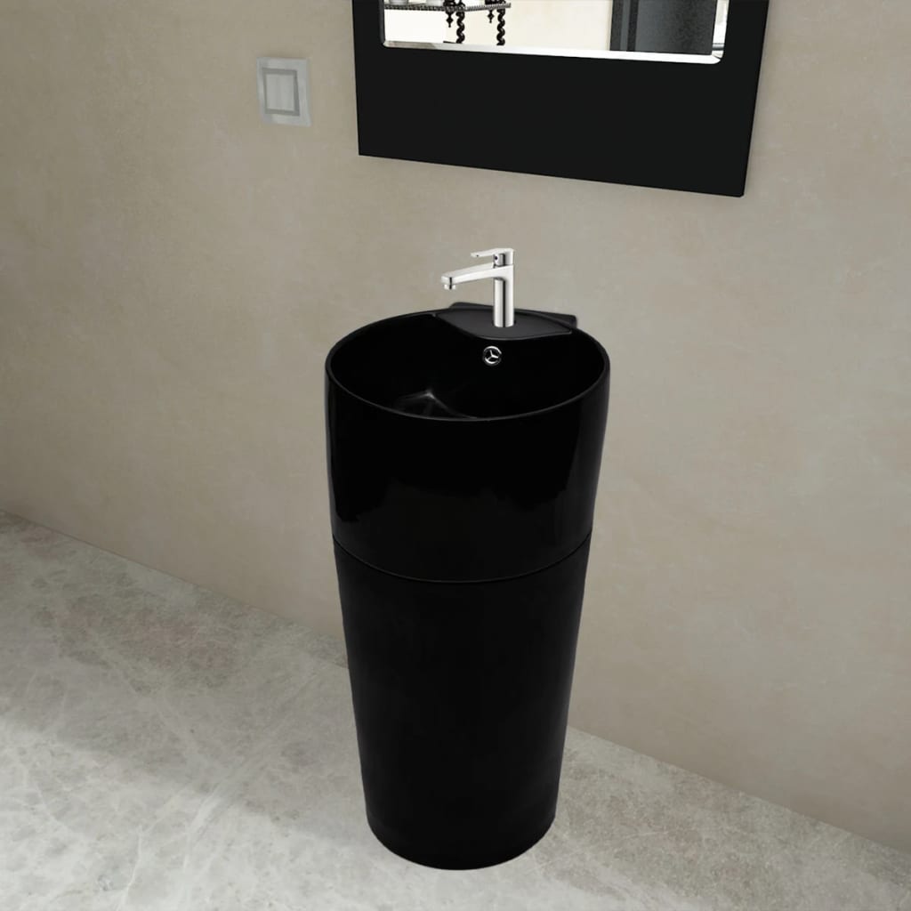 Ceramic Stand Bathroom Sink Basin Faucet/Overflow Hole Black Round - Casper Homes