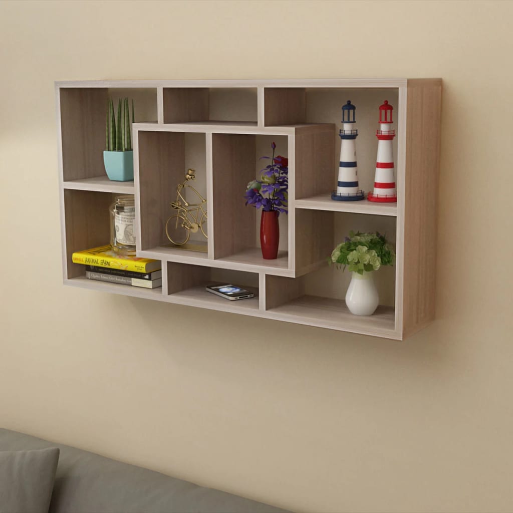 Floating Wall Display Shelf 8 Compartments Oak Colour - All Things Good