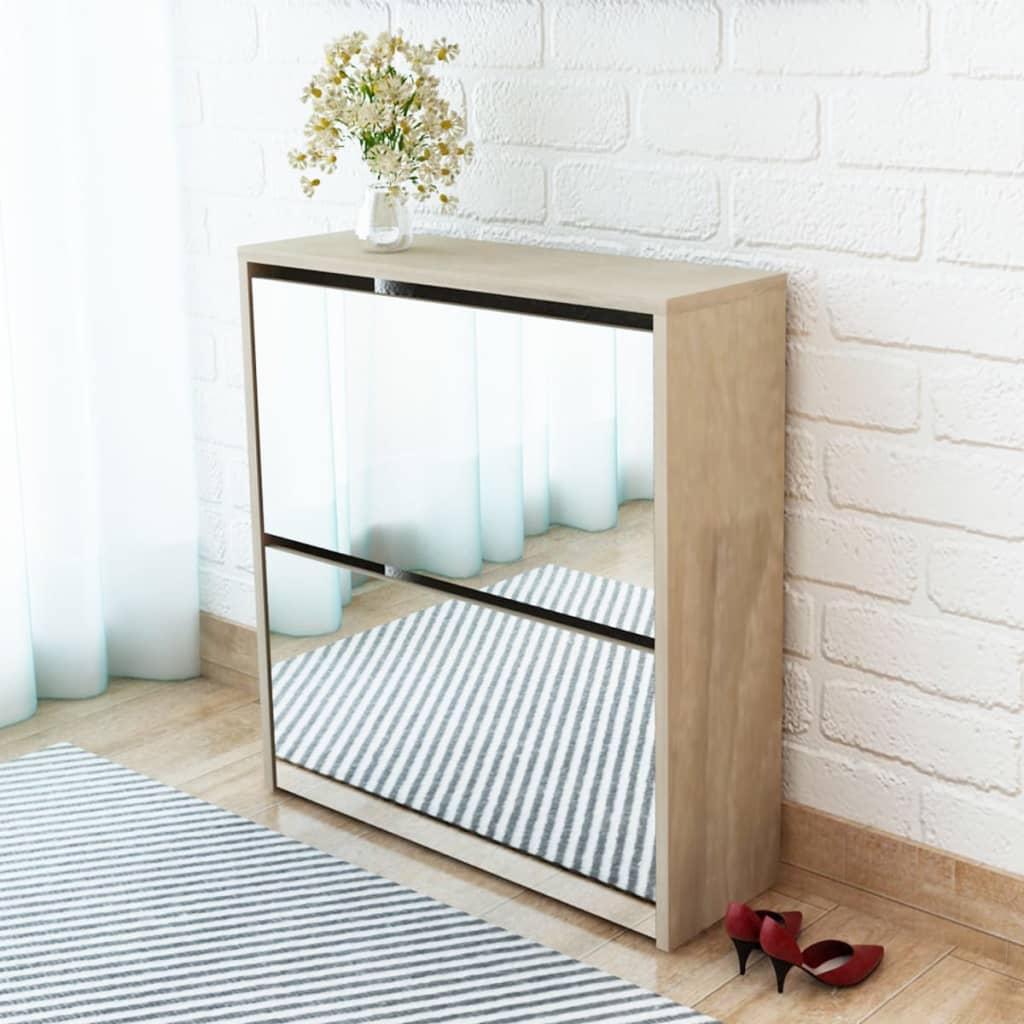 Shoe Cabinet 2-Layer Mirror Oak 63x17x67 cm - Decor Base