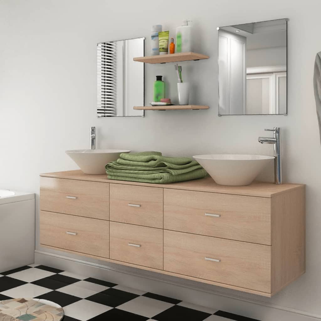 Nine Piece Bathroom Furniture Set with Basin with Tap Beige - The Home Maker