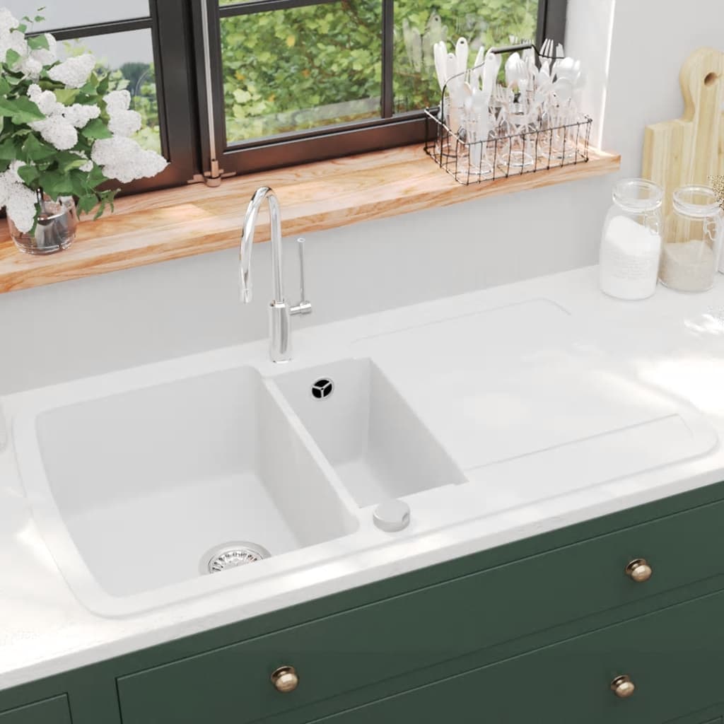 Granite Kitchen Sink Double Basins White - Unbeatable Bargains