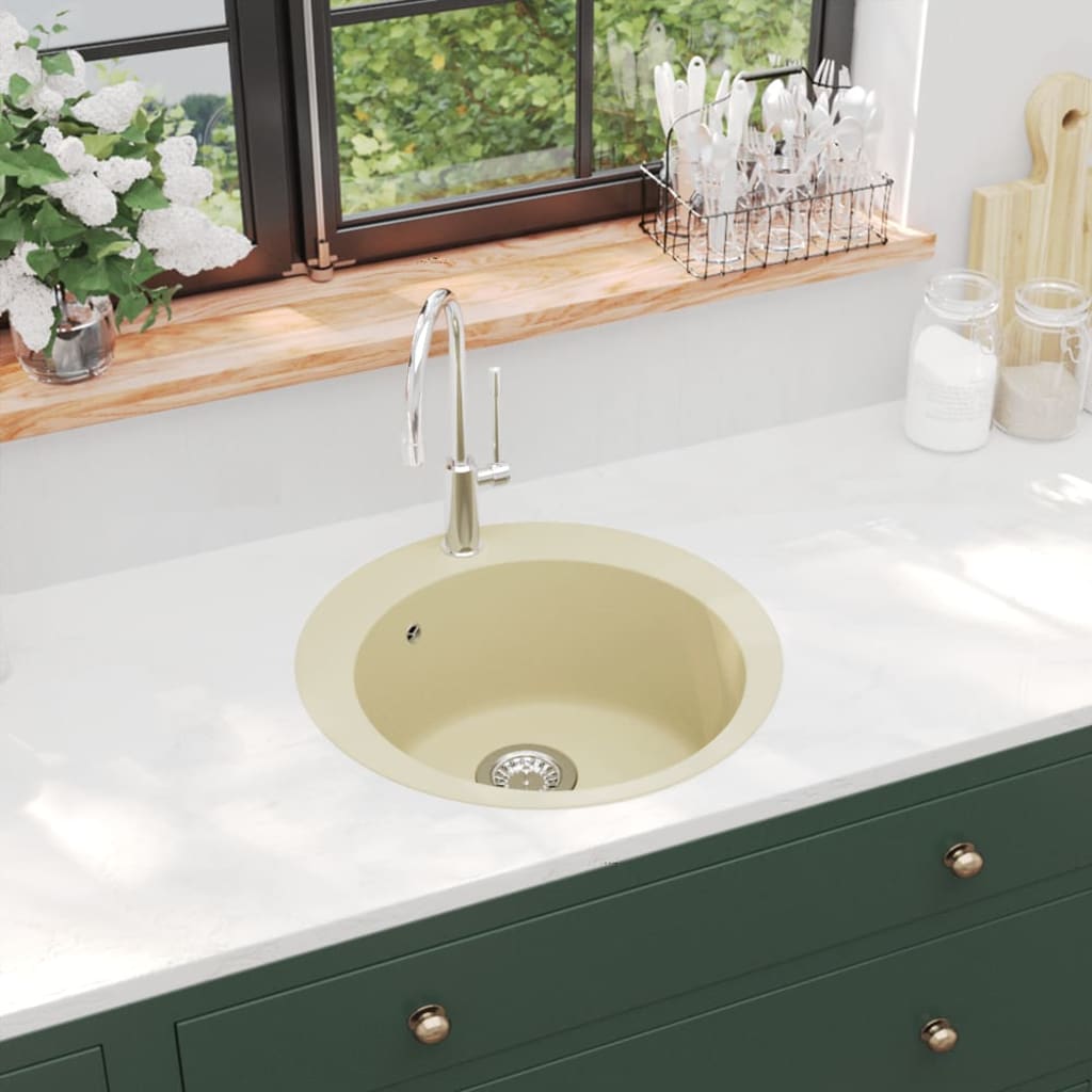 Granite Kitchen Sink Single Basin Round Beige - Style and Chic