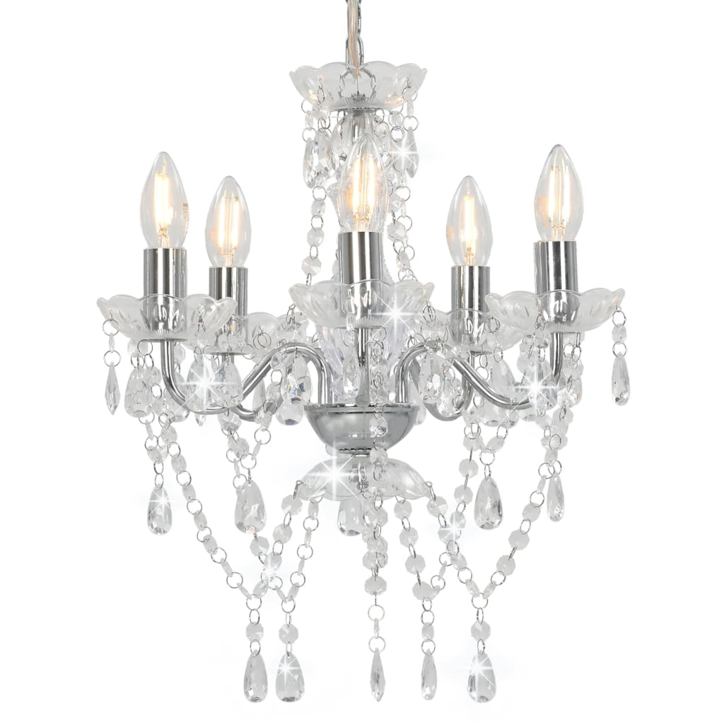 Chandelier with Crystal Beads Silver Round 5 x E14 - Direct Imports