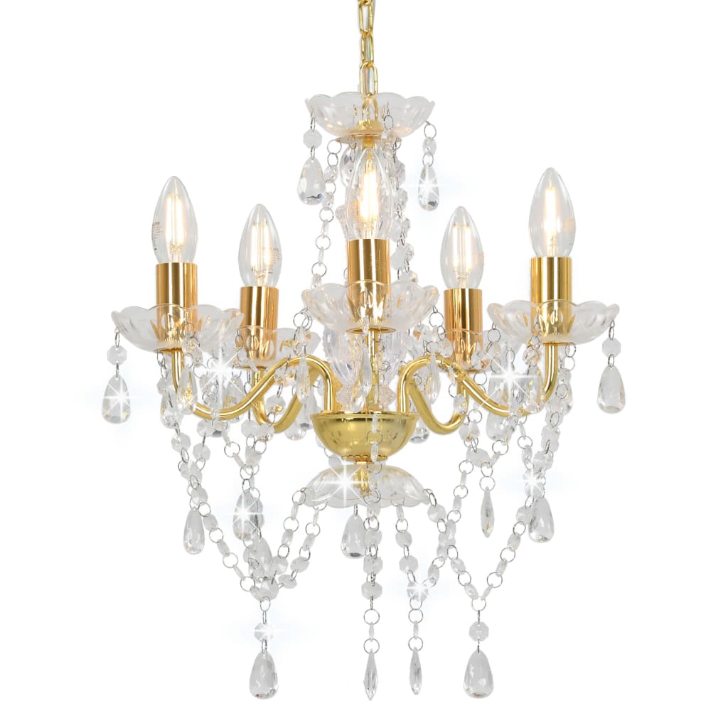 Chandelier with Crystal Beads Golden Round 5 x E14 - Casper Homes