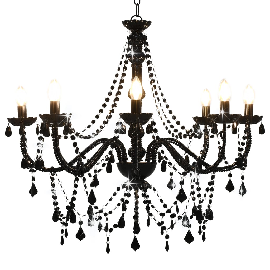 Chandelier with Beads Black 8 x E14 Bulbs - Decor Base