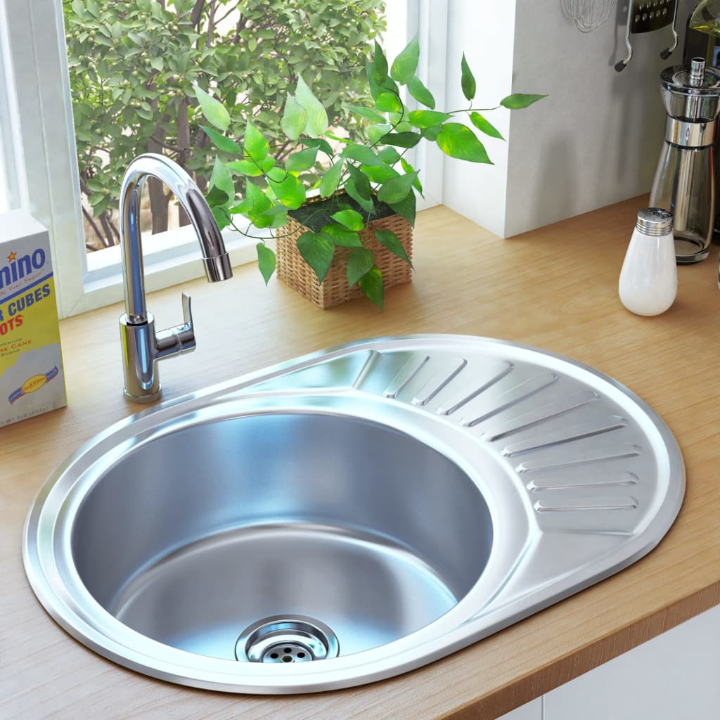 Kitchen Sink with Strainer and Trap Oval Stainless Steel - Sid & Sam