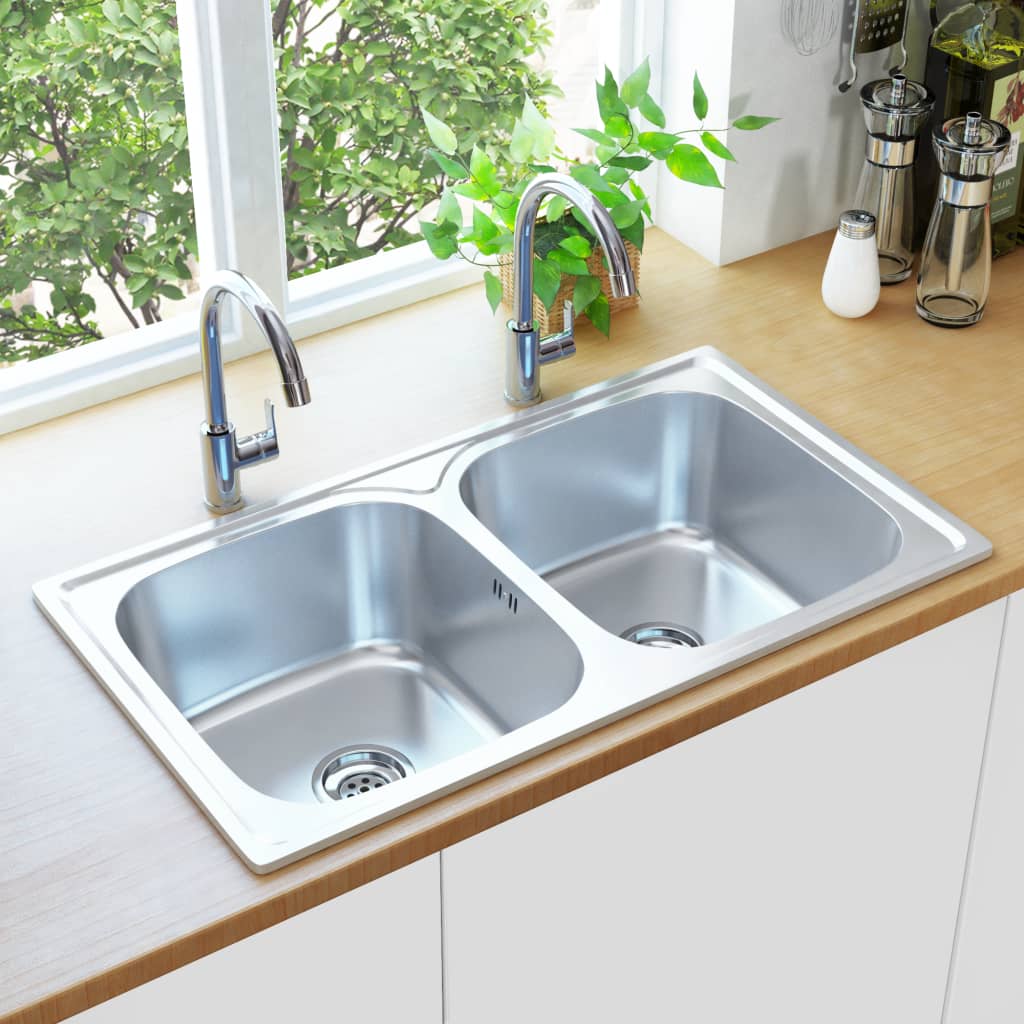 Kitchen Sink Double Basin with Strainer & Trap Stainless Steel - Discount Dealers