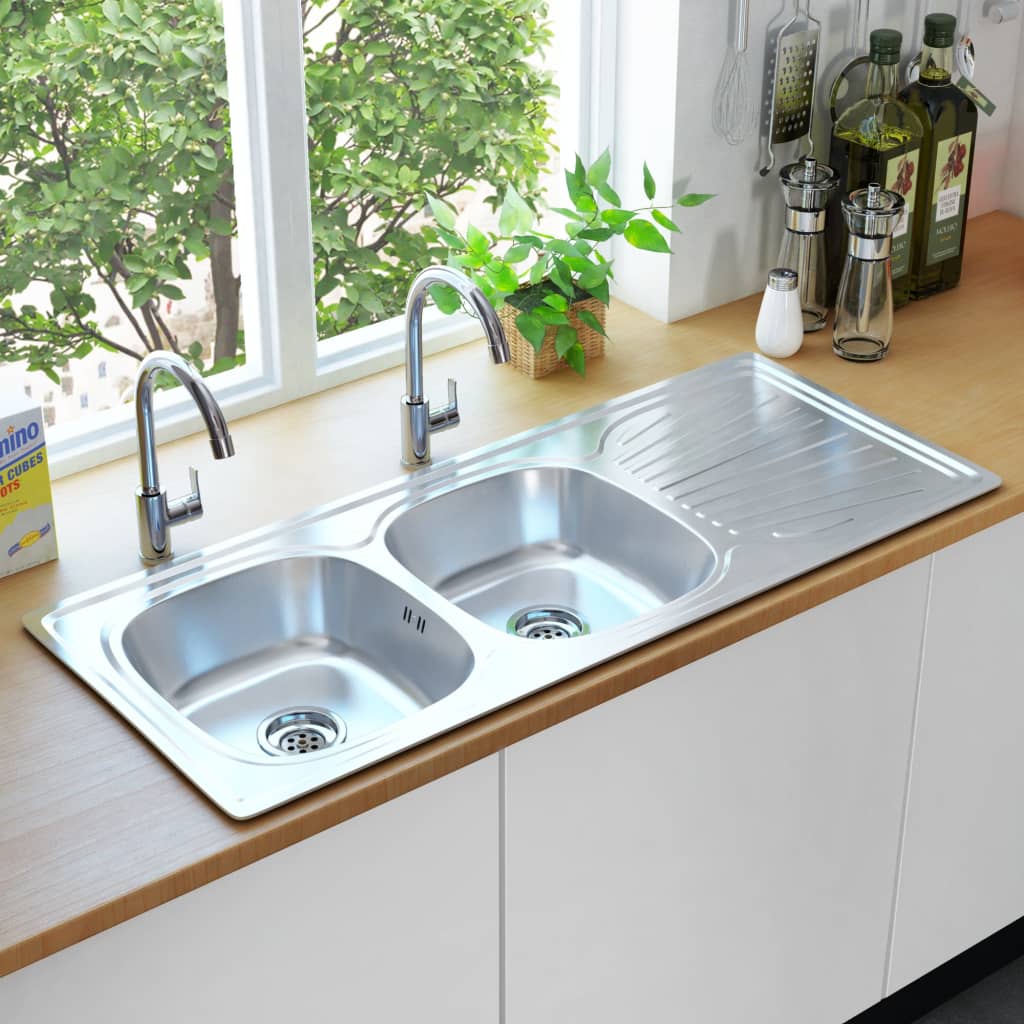 Kitchen Sink Double Basin with Strainer & Trap Stainless Steel - All Things Good
