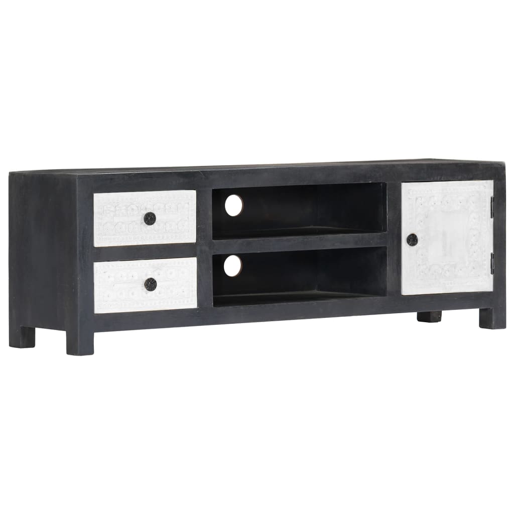 Hand Carved TV Cabinet Grey&White 120x30x40 cm Solid Wood Mango - Sid & Sam