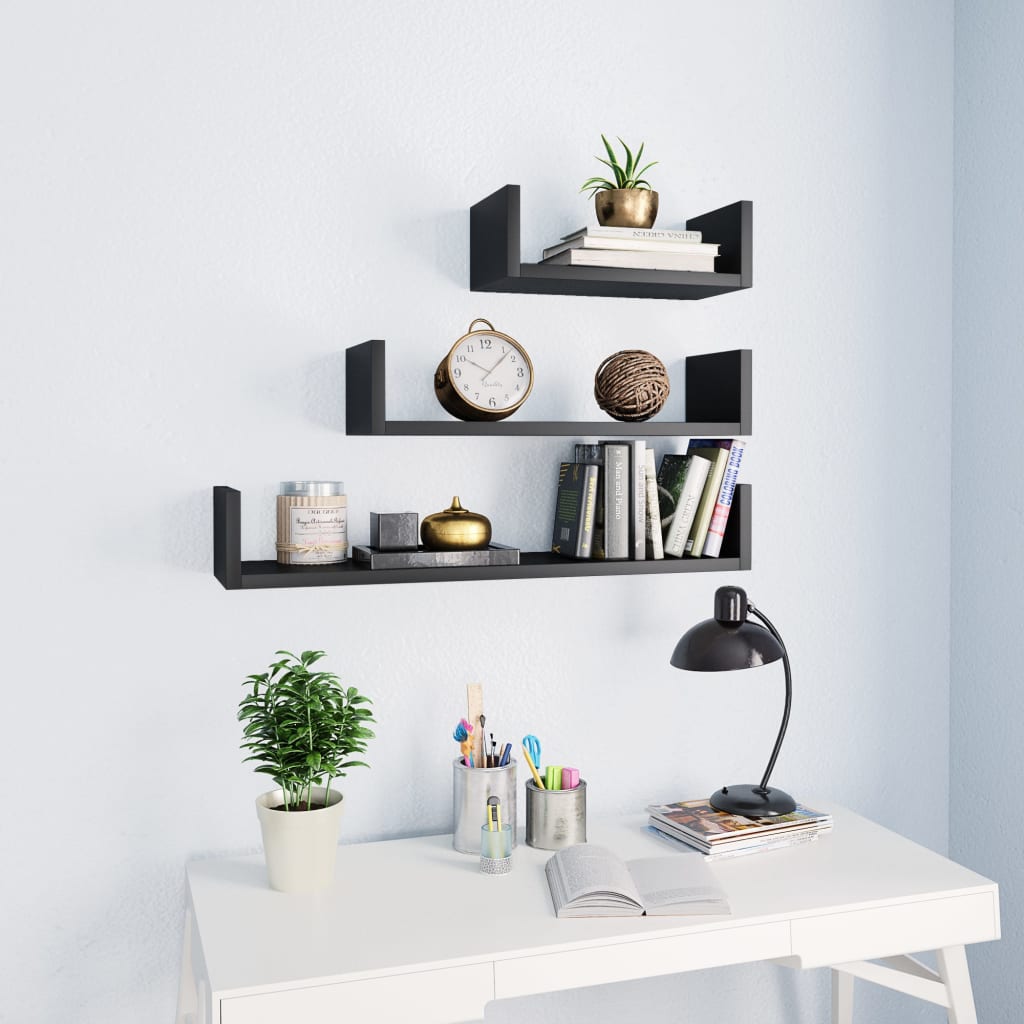 Wall Display Shelf 3 pcs Black Engineered Wood - R and M Furniture