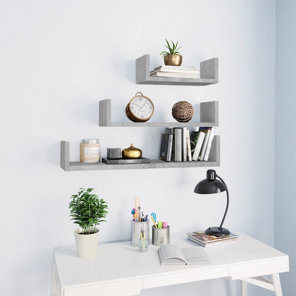 Wall Display Shelf 3 pcs Concrete Grey Engineered Wood - Direct Imports