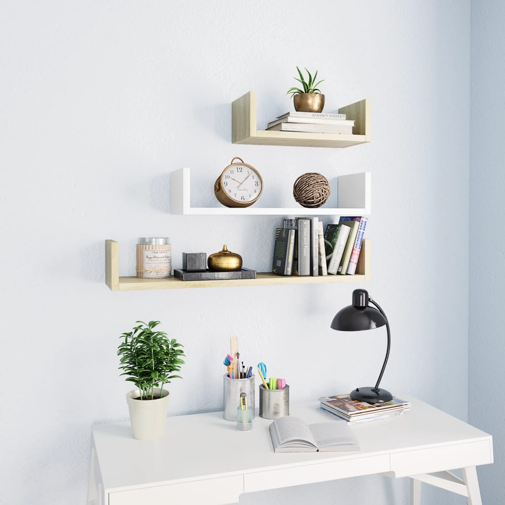 Wall Display Shelf 3 pcs White and Sonoma Oak Engineered Wood - Design Hut