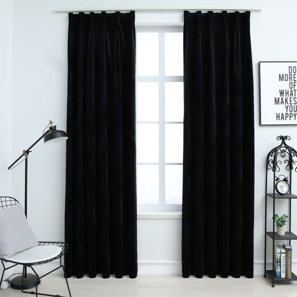 Blackout Curtains 2 pcs with Hooks Velvet Black 140x225 cm - Design Hut