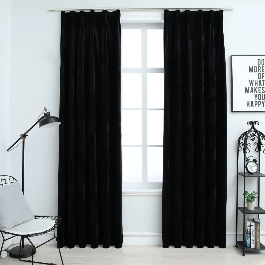 Blackout Curtains 2 pcs with Hooks Velvet Black 140x245 cm - Decor Base