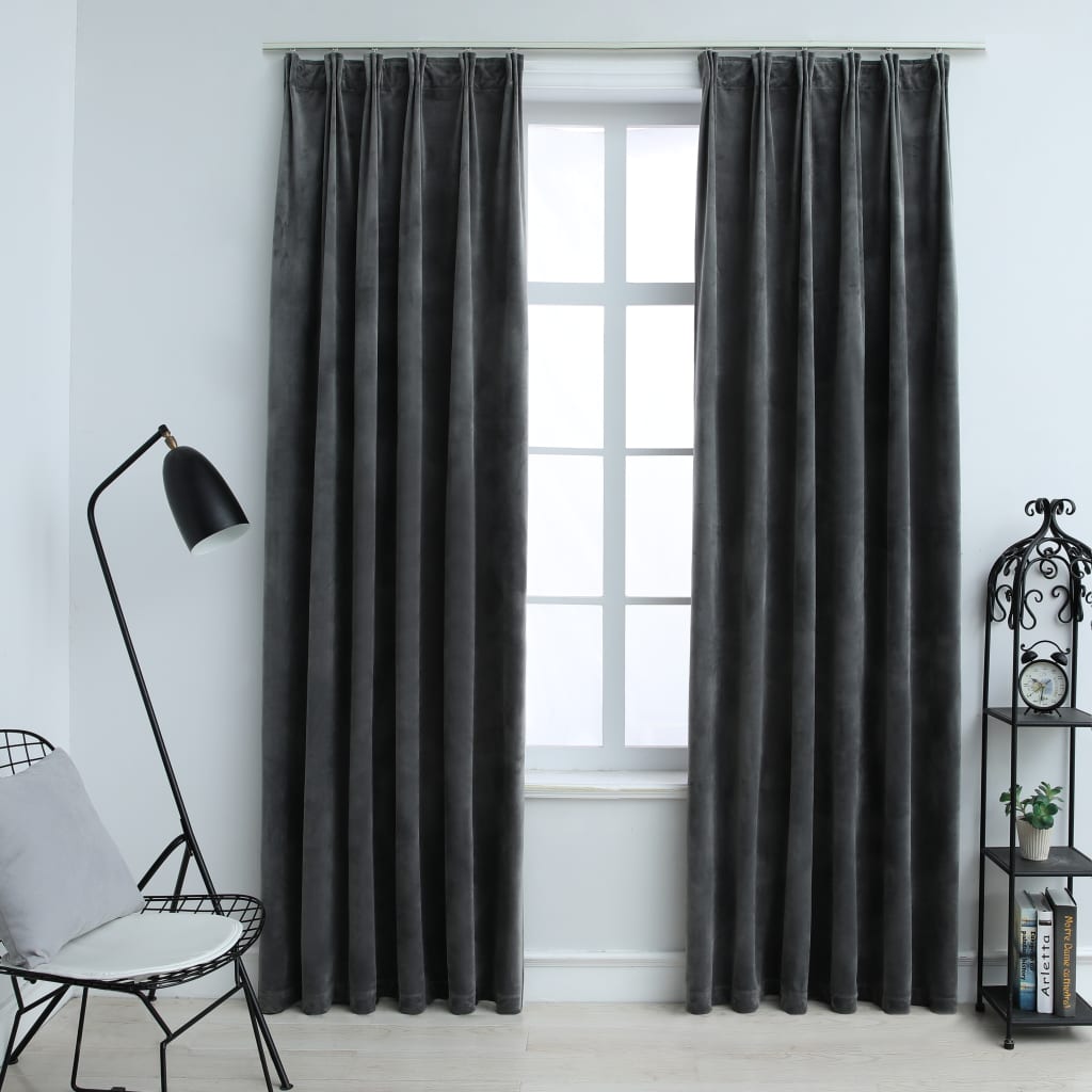 Blackout Curtains 2 pcs with Hooks Velvet Anthracite 140x225 cm - R and M Furniture