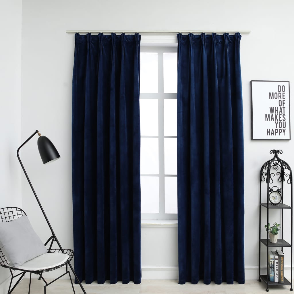 Blackout Curtains 2 pcs with Hooks Velvet Dark Blue 140x225 cm - Merlin Deals