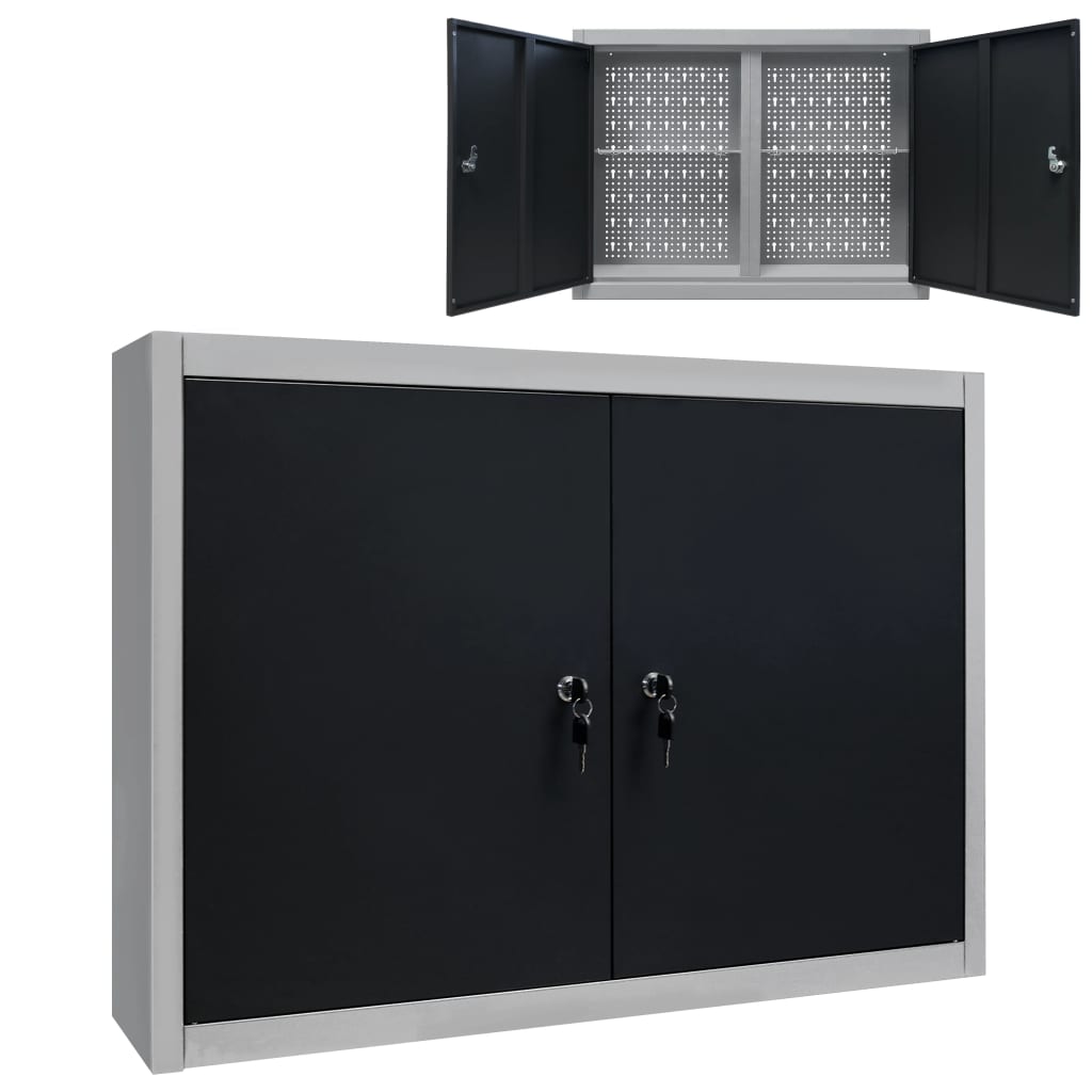 Wall Mounted Tool Cabinet Industrial Style Metal Grey and Black - Direct Imports