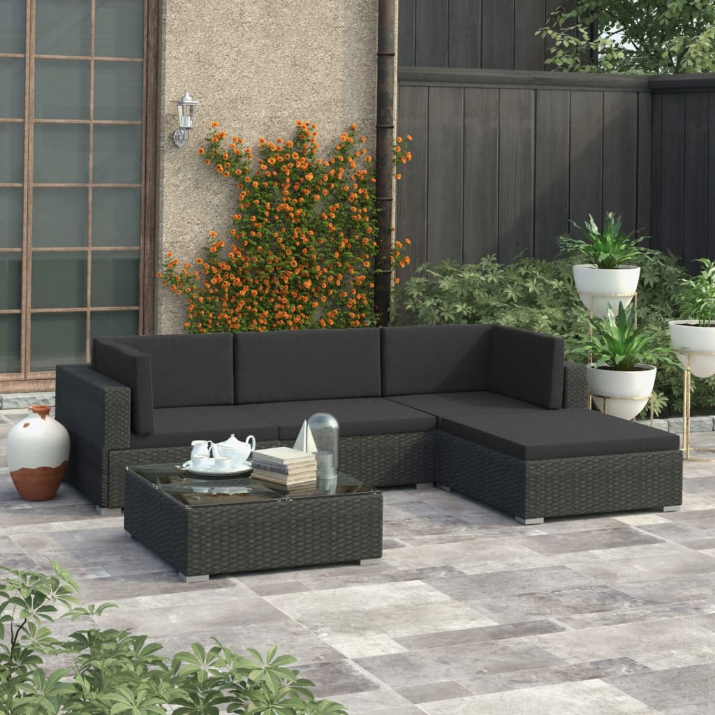 5 Piece Garden Lounge Set with Cushions Poly Rattan Black - All Things Good