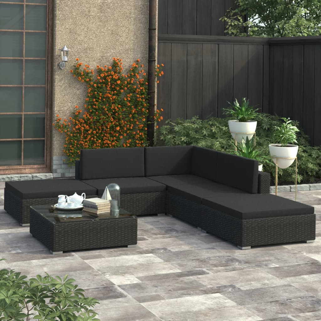 6 Piece Garden Lounge Set with Cushions Poly Rattan Black - All Things Good