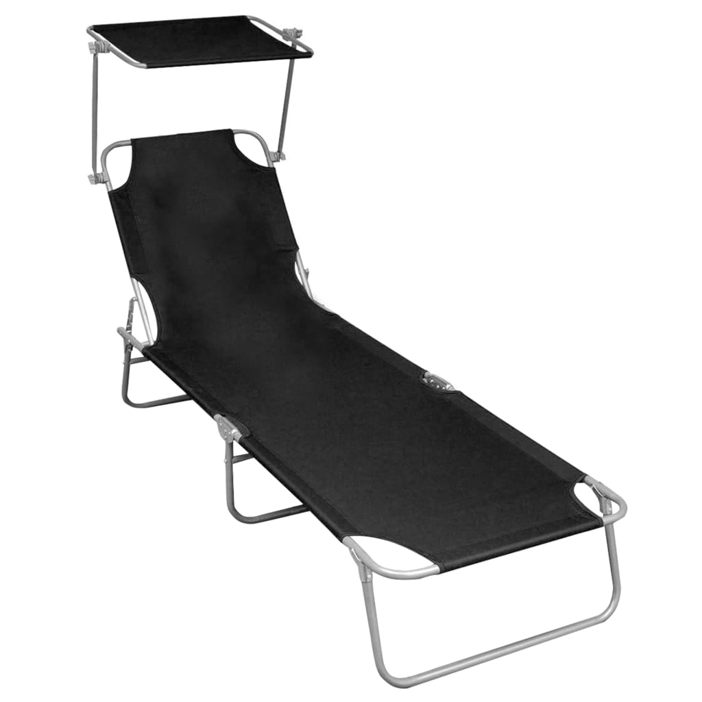 Folding Sun Lounger with Canopy Black Aluminium - Unbeatable Bargains