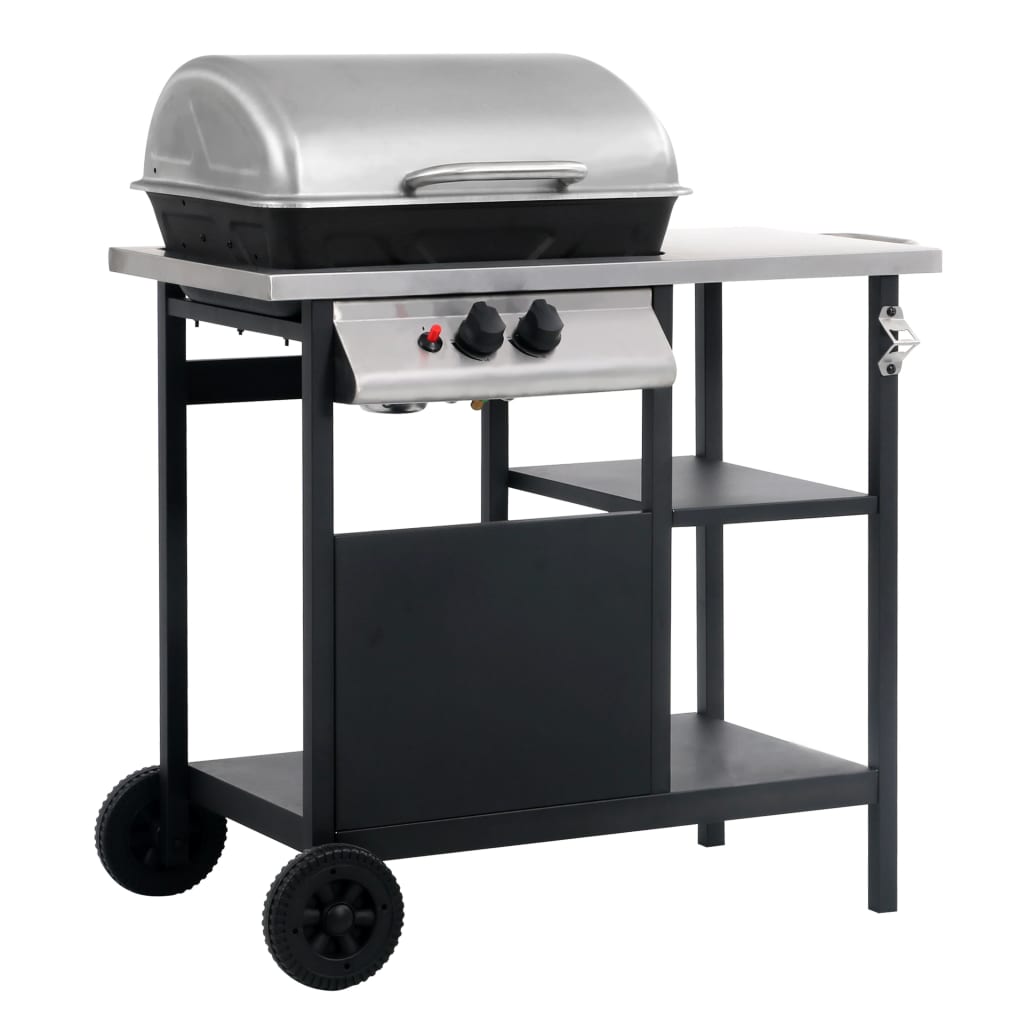 Gas BBQ Grill with 3-layer Side Table Black and Silver - Decor Base