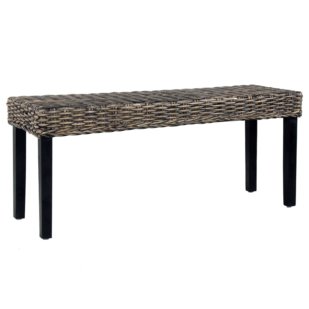 Bench 110 cm Black Natural Kubu Rattan and Solid Mahogany Wood - Millennium Furniture