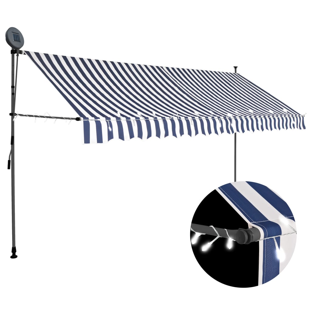 Manual Retractable Awning with LED 400 cm Blue and White - Merkel Designers