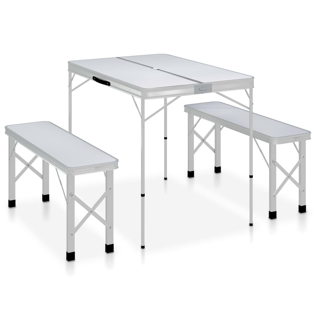 Folding Camping Table with 2 Benches Aluminium White - Design Hut