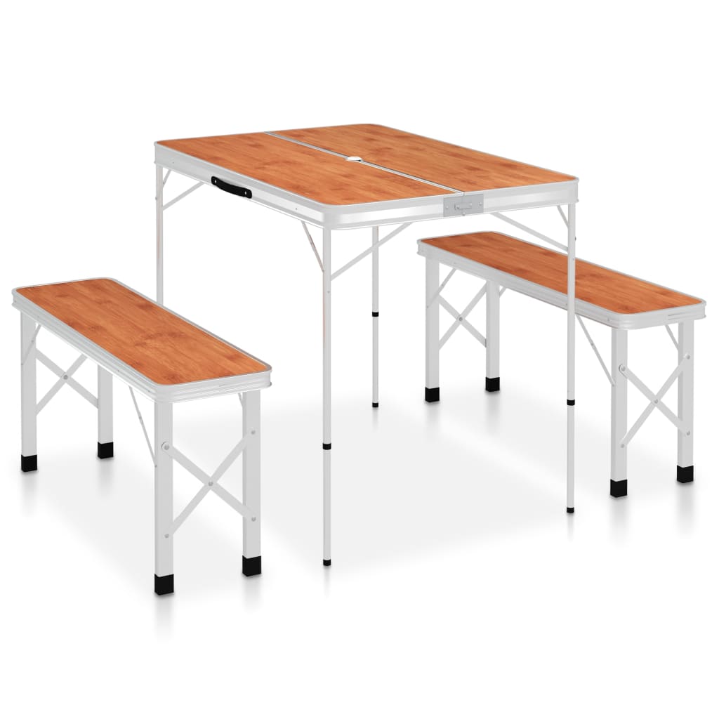 Folding Camping Table with 2 Benches Aluminium Brown - All Things Good