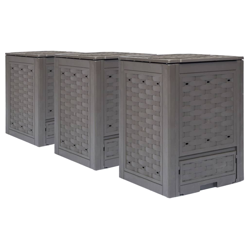 Garden Composters 3 pcs Brown 60x60x83 cm 900 L Plastic Rattan - Merkel Designers