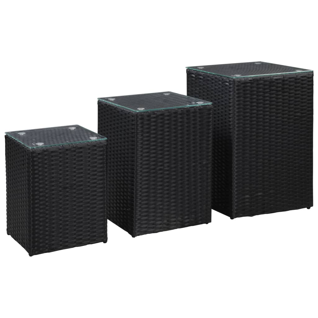 Side Tables 3 pcs with Glass Top Black Poly Rattan - Discount Dealers