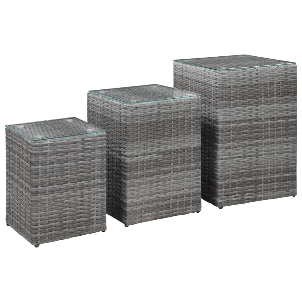 Side Tables 3 pcs with Glass Top Grey Poly Rattan - Direct Imports