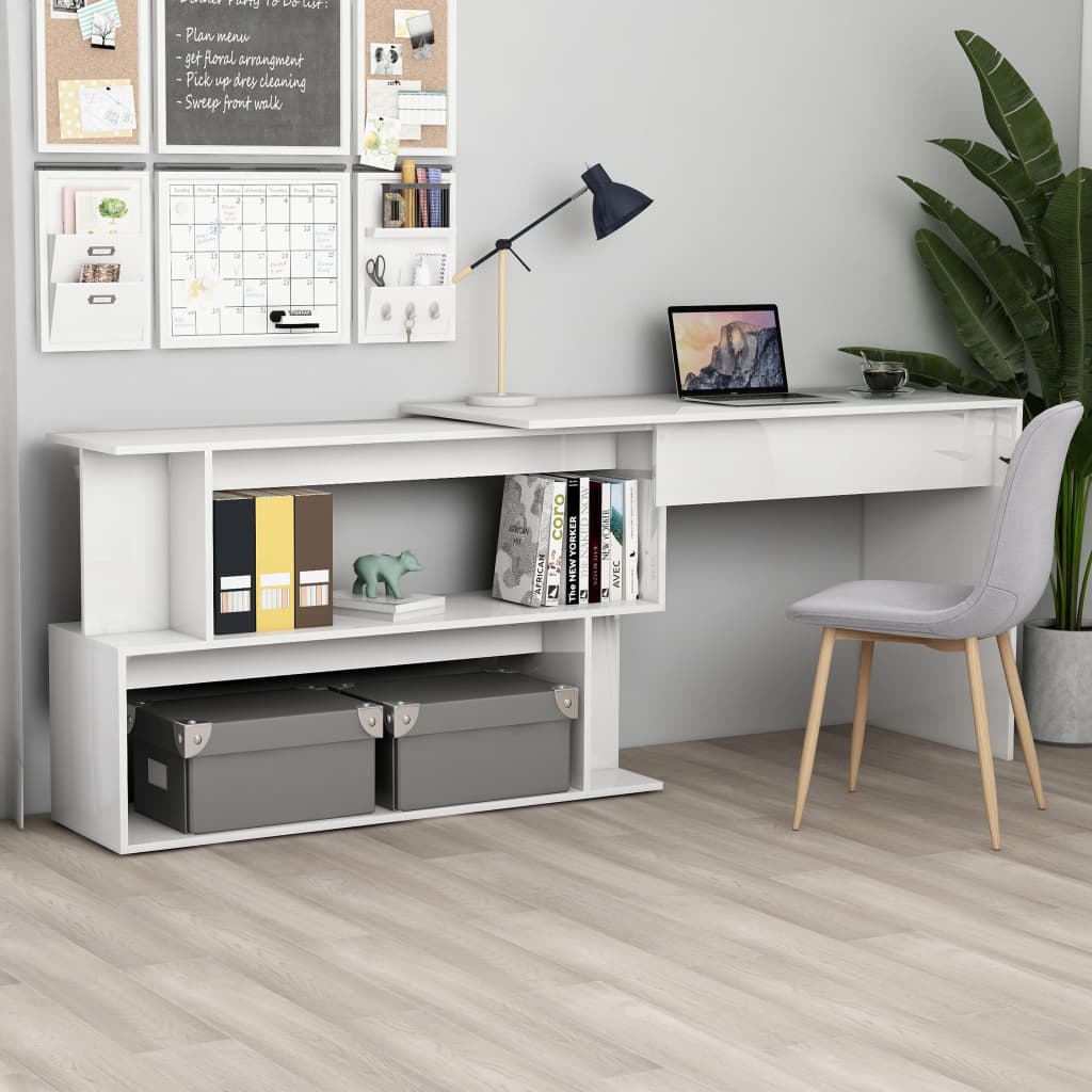 Corner Desk High Gloss White 200x50x76 cm Engineered Wood - The Home Maker