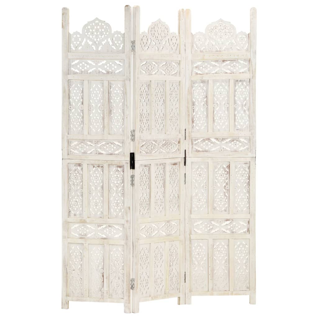 Hand carved 3-Panel Room Divider White 120x165 cm Solid Mango Wood - Tyrell & Tyrell