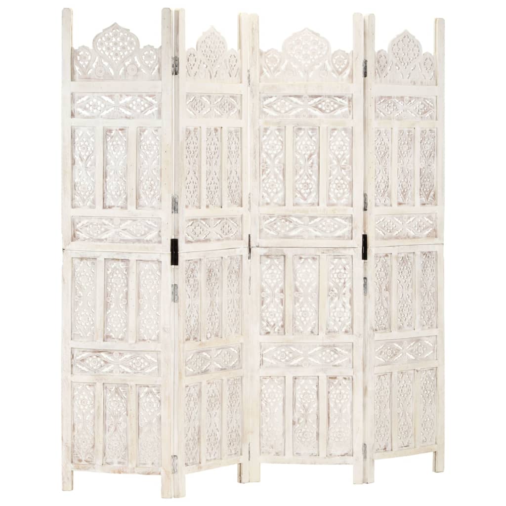Hand carved 4-Panel Room Divider White 160x165 cm Solid Mango Wood - Merlin Deals