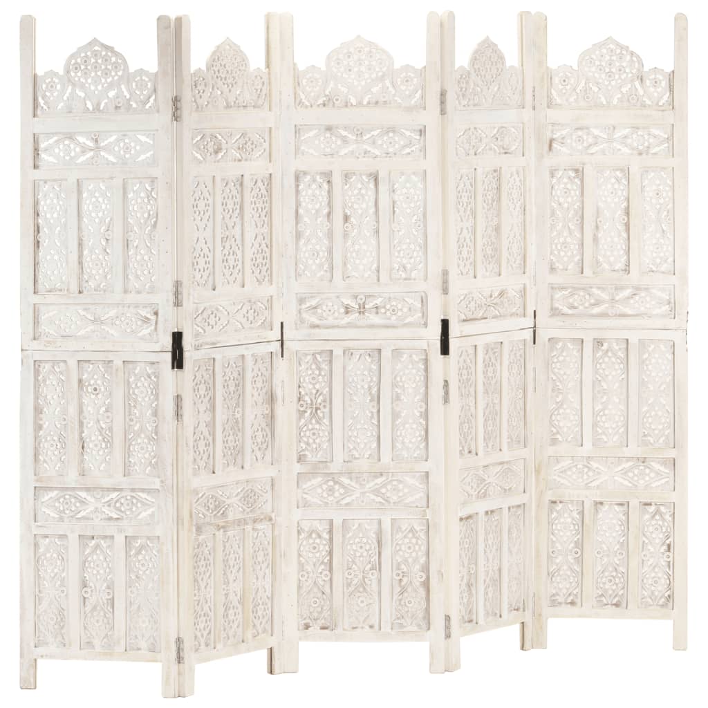 Hand carved 5-Panel Room Divider White 200x165 cm Solid Mango Wood - All Things Good