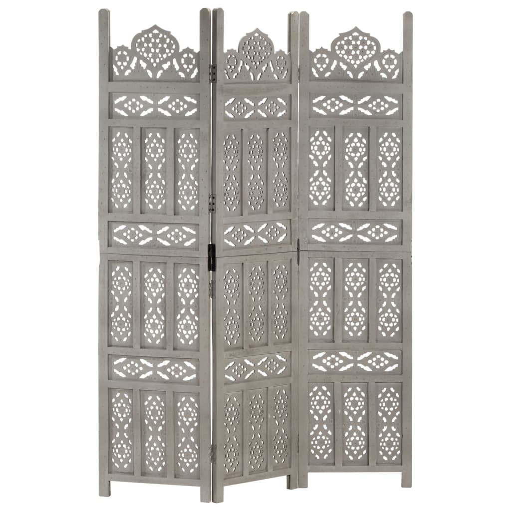 Hand carved 3-Panel Room Divider Grey 120x165 cm Solid Mango Wood - Discount Dealers