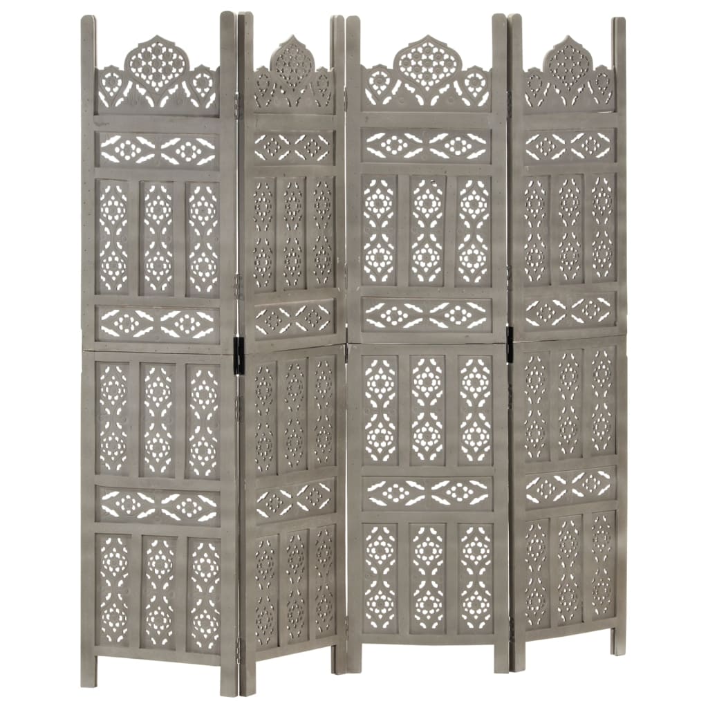 Hand carved 4-Panel Room Divider Grey 160x165 cm Solid Mango Wood - Direct Imports