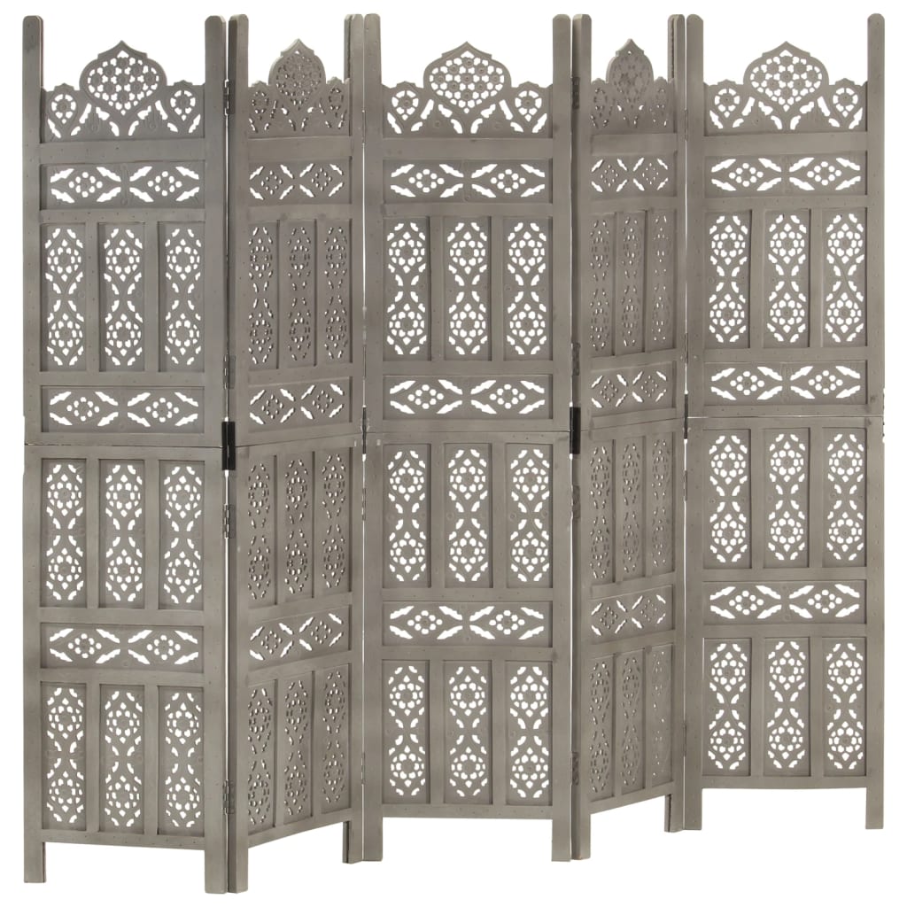 Hand carved 5-Panel Room Divider Grey 200x165 cm Solid Mango Wood - Style and Chic