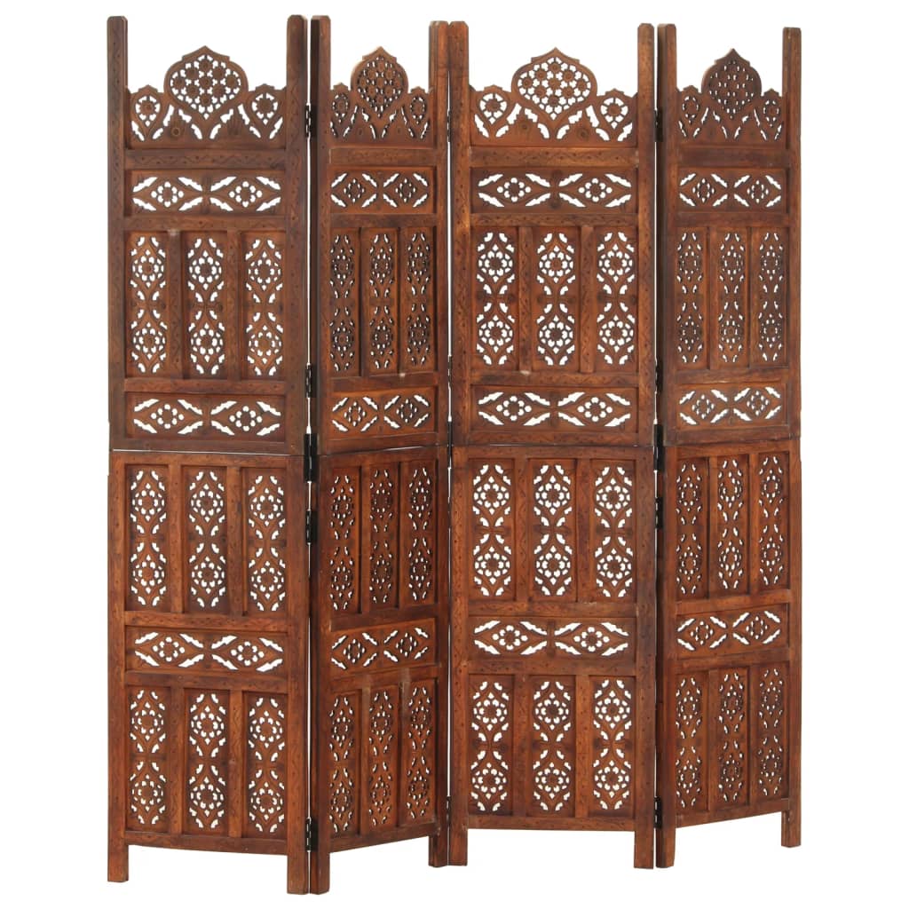 Hand carved 4-Panel Room Divider Brown 160x165 cm Solid Mango Wood - Merlin Deals
