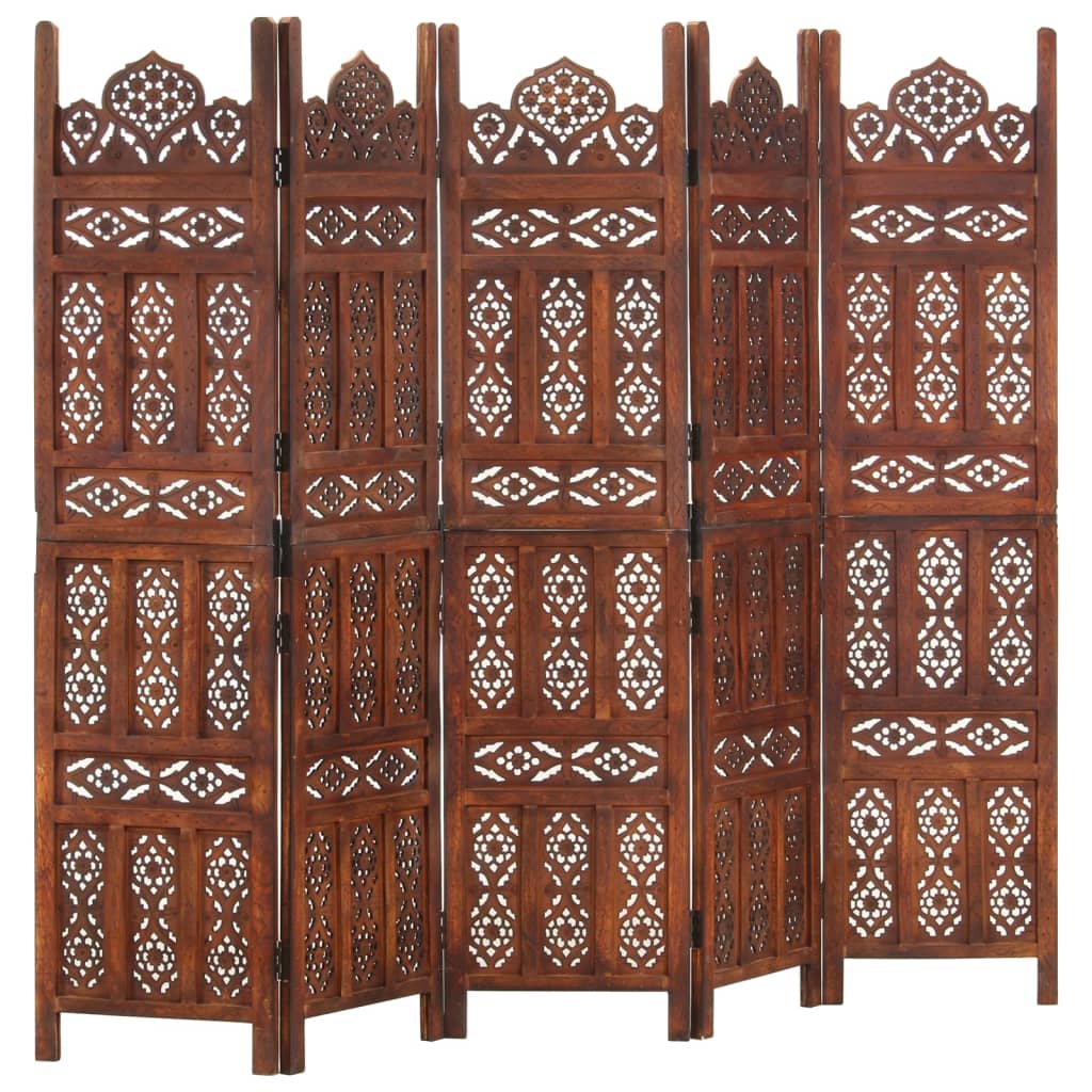 Hand carved 5-Panel Room Divider Brown 200x165 cm Solid Mango Wood - The Home Maker
