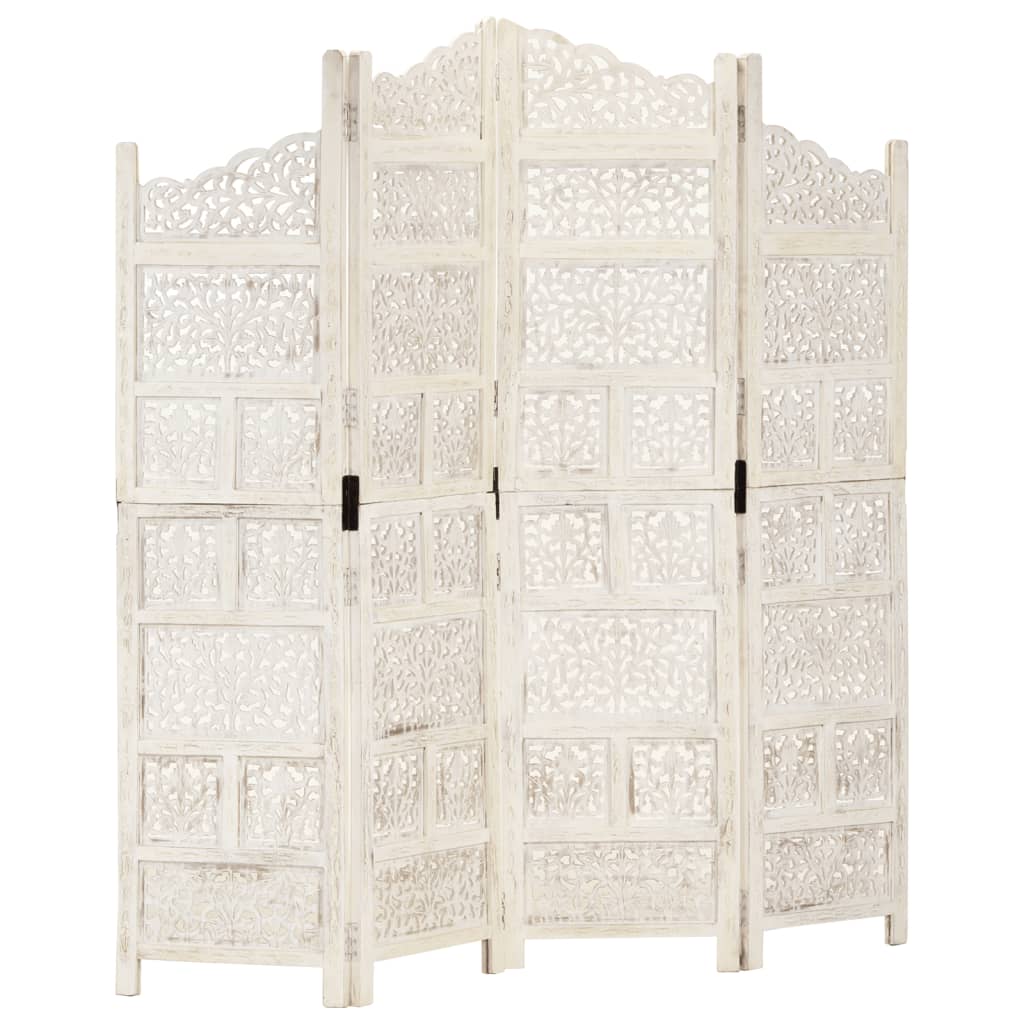 Hand carved 4-Panel Room Divider White 160x165 cm Solid Mango Wood - Merlin Deals